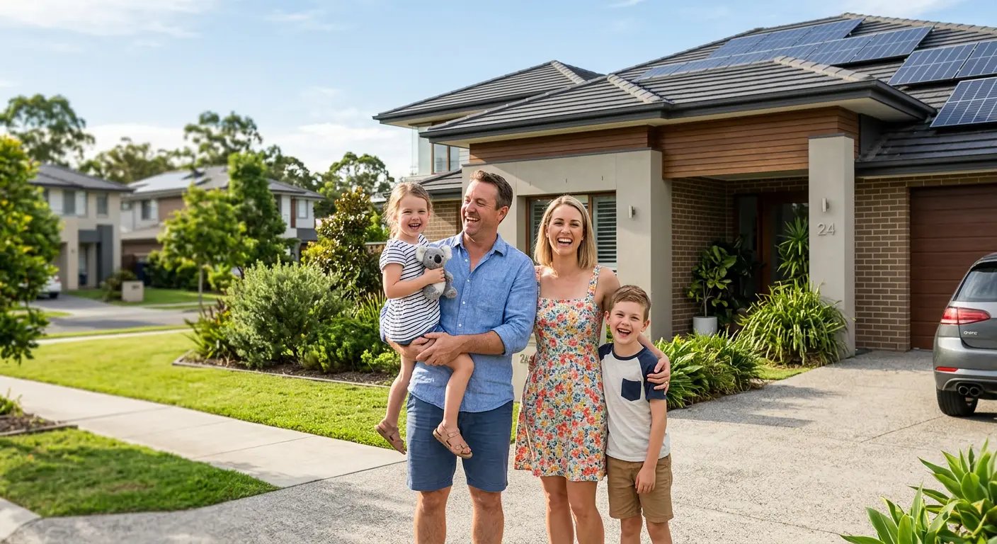 Happy family with solar home
